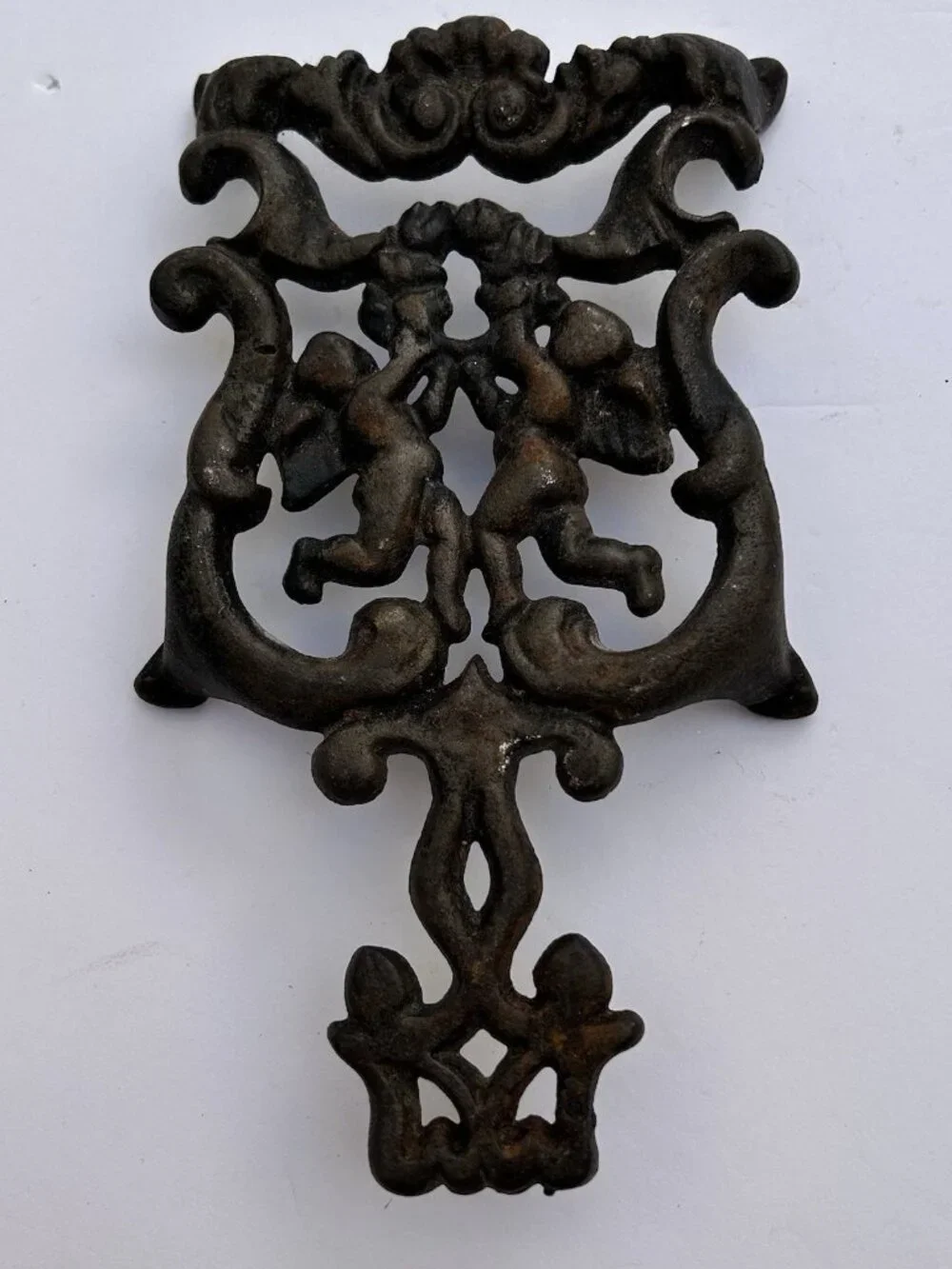 Vintage Cast Iron Ornate Angel Filigree Footed Cherub Trivet 8” Kitchen Decor